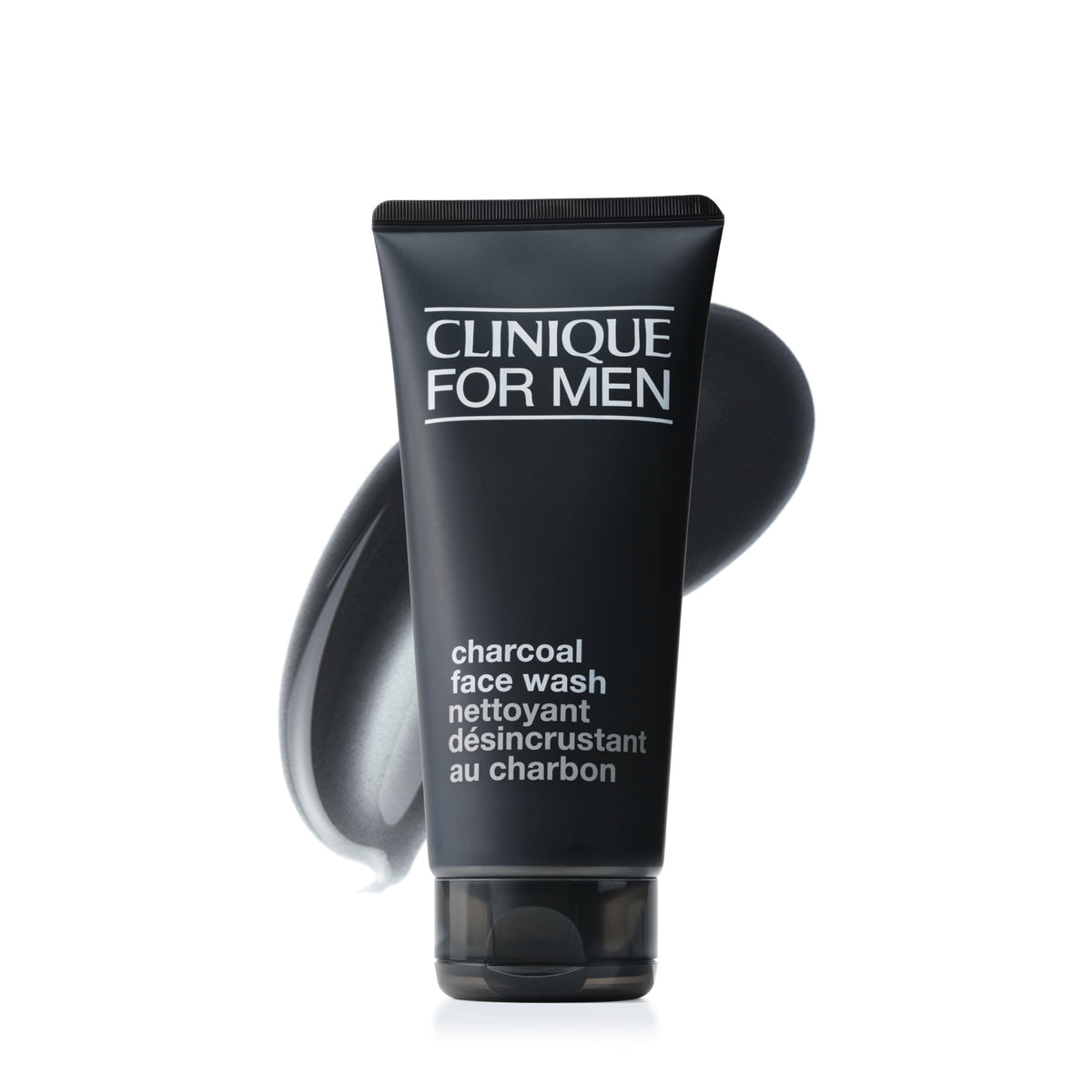 Clinique charcoal face wash front view showing bottle and clean design benefit: quick identification