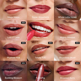 Clinique Chubby Stick Super Strawberry applied on lips close-up showing natural glossy finish