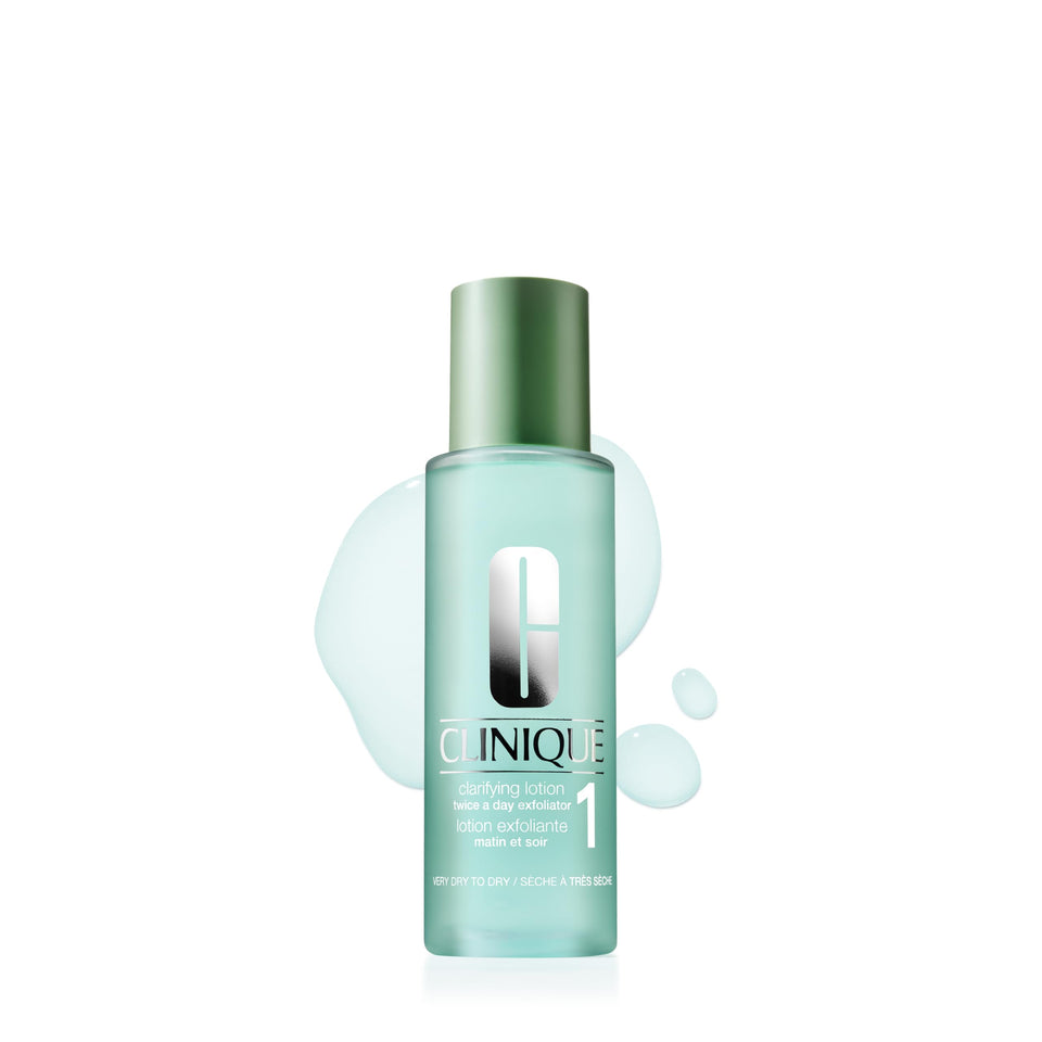 Clinique front packaging of Clarifying Lotion 1 showing bottle and cap, clear identification and benefit