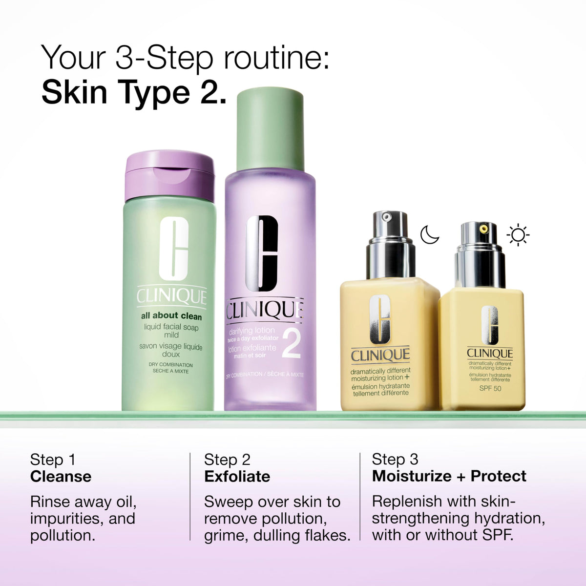 Clinique Clarifying Lotion 2 on bathroom shelf lifestyle showing daily routine readiness
