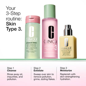 Clinique Clarifying Lotion 3 displayed with Clinique 3-step products showing routine compatibility benefit
