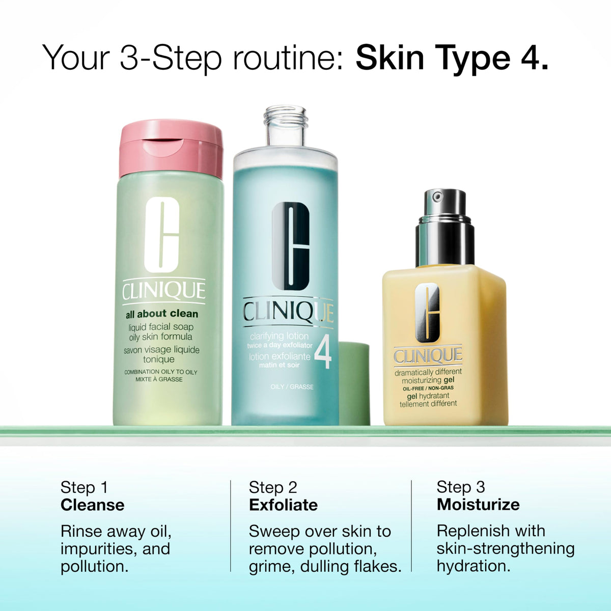 Clinique Clarifying Lotion 4 displayed with Clinique 3-step kit illustrating routine simplicity