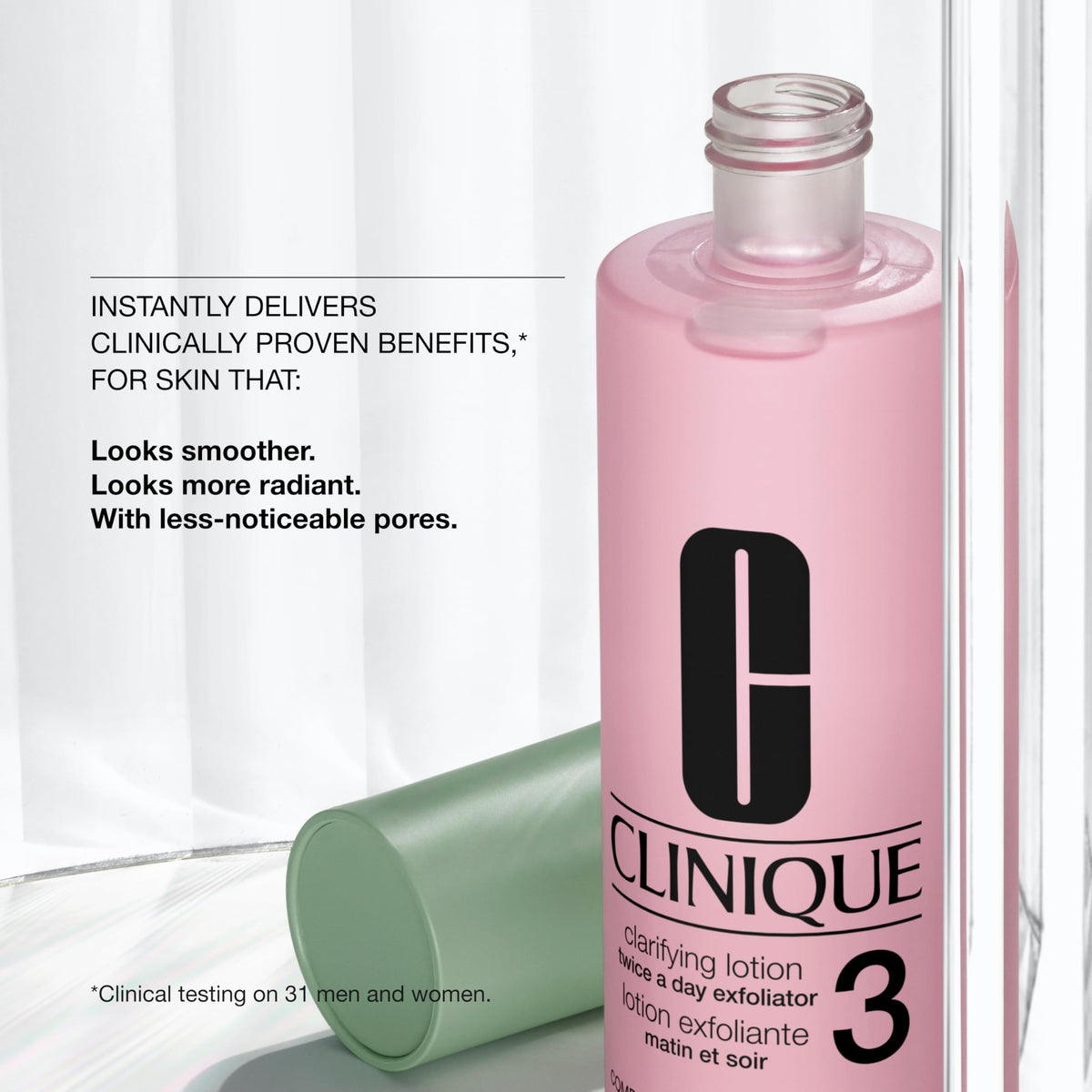 Clinique product label close-up highlighting formula name and dermatologist-developed benefit