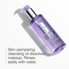 Clinique cleansing oil pump close-up illustrating easy dispensing and hygienic application