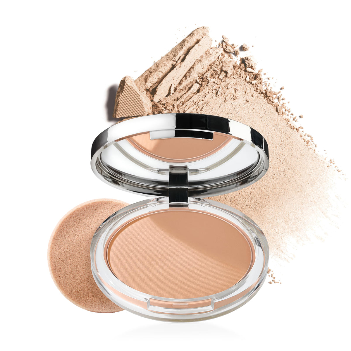 Clinique compact front view showing shade Stay Beige and sleek packaging benefit