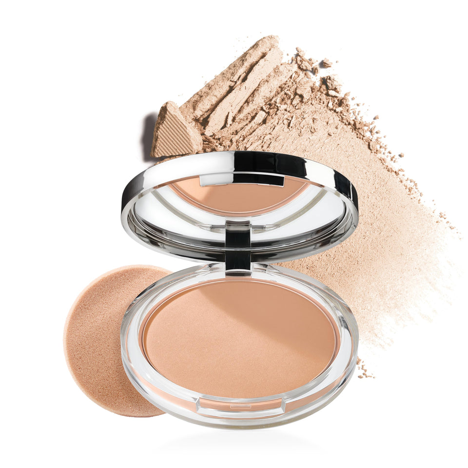 Clinique compact front view showing shade Stay Beige and sleek packaging benefit