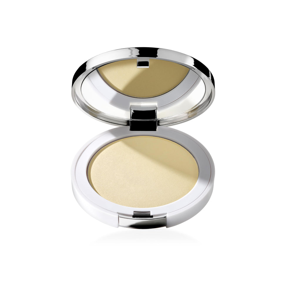 Clinique compact front view showing neutral shade and travel-ready design