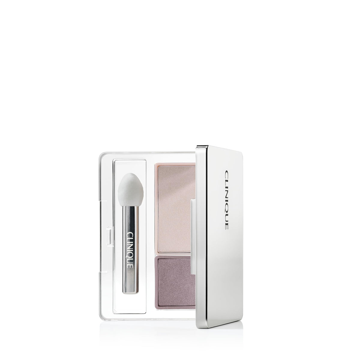 Clinique compact front view showing duo shades and mirror, convenient for travel
