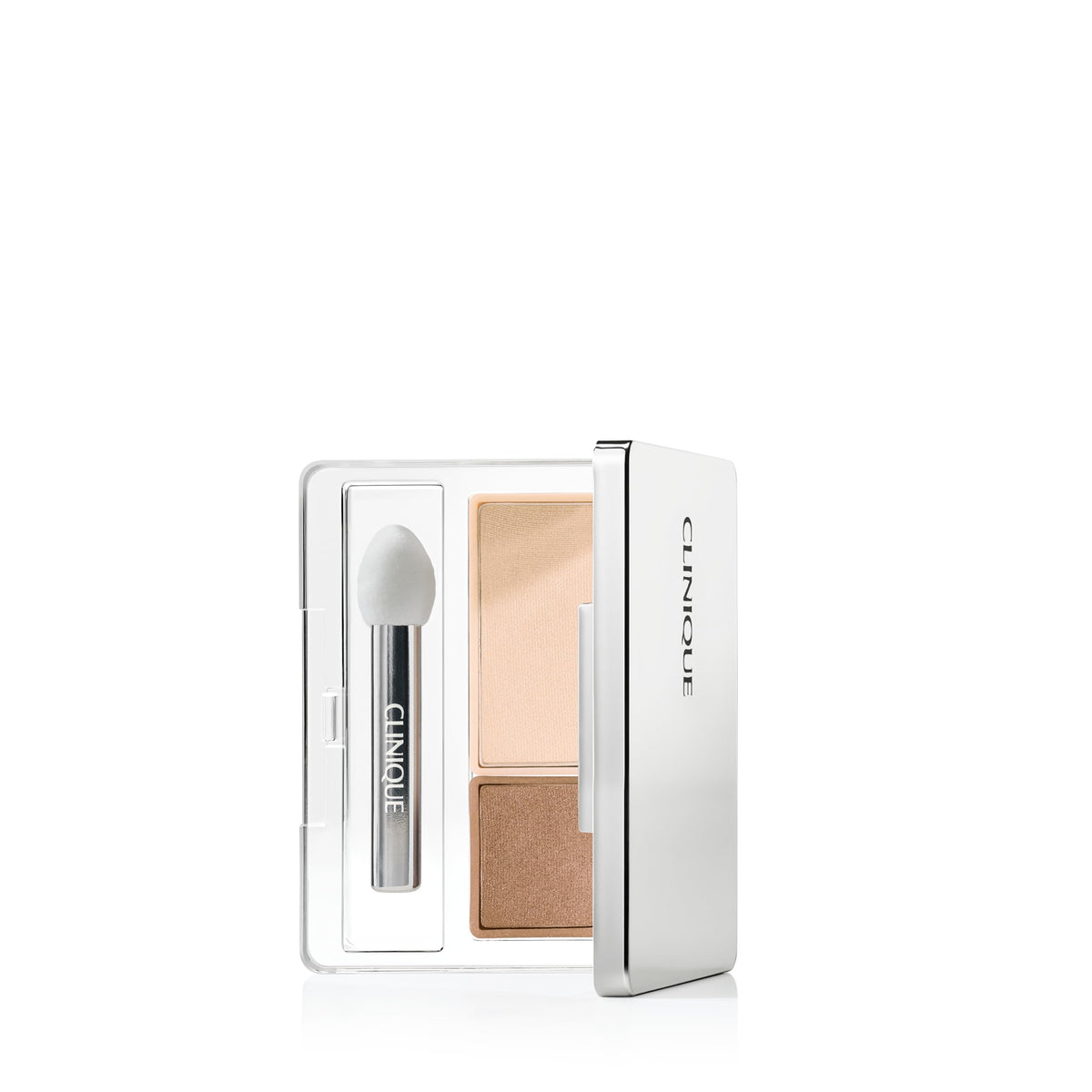 Clinique front compact showing closed mirrored case and branding for easy storage