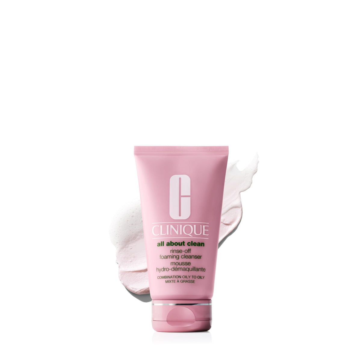 Clinique front packaging of foaming cleanser showing brand and product benefit
