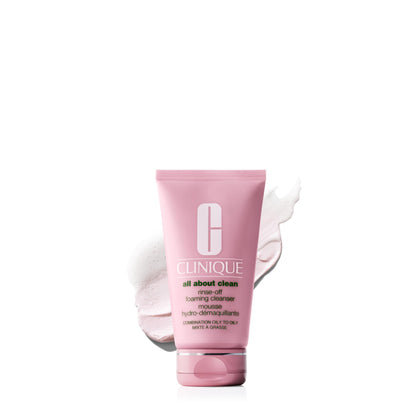 Clinique front packaging of foaming cleanser showing brand and product benefit