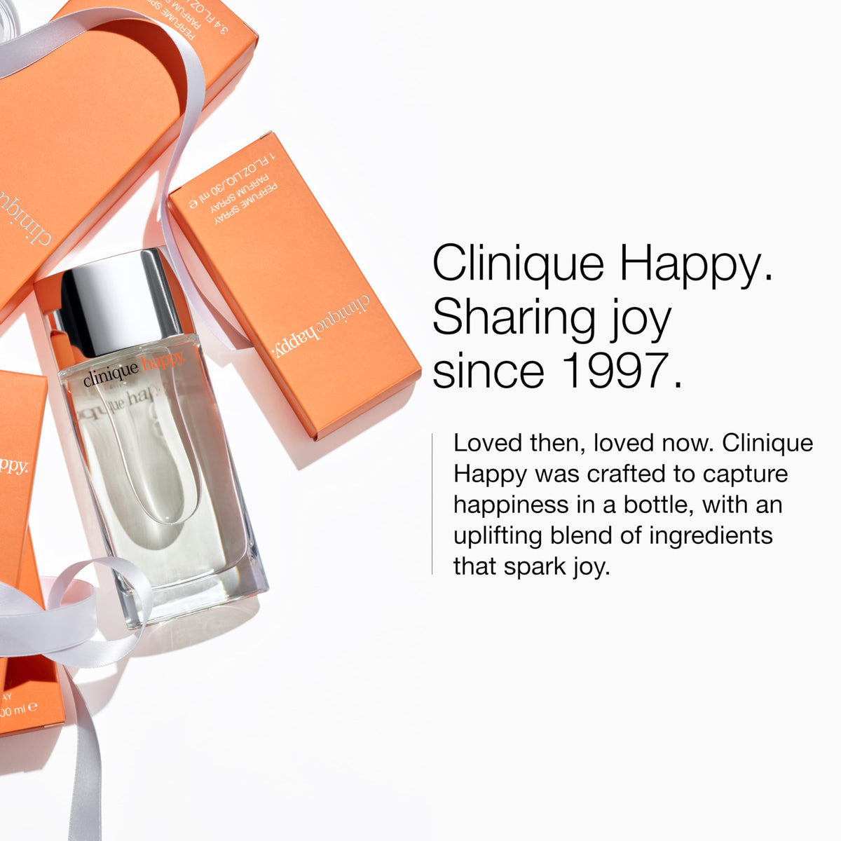 Clinique Happy bottle in a sunny lifestyle scene, conveys joyful wearability