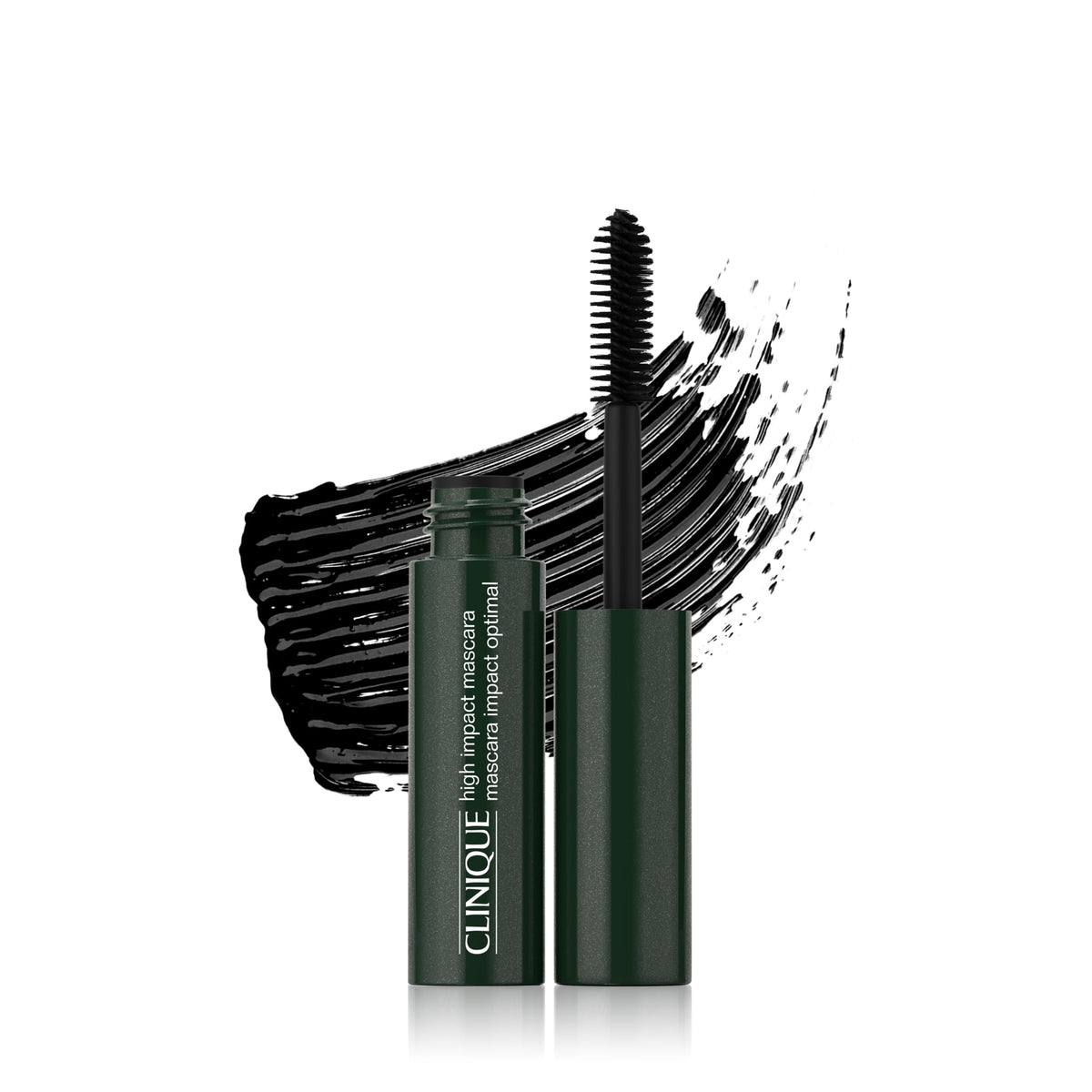 Clinique high impact mascara front view showing sleek tube and travel size benefit