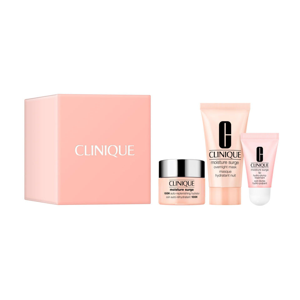 Clinique front packaging of hydration heroes gift set showing compact travel-ready trio