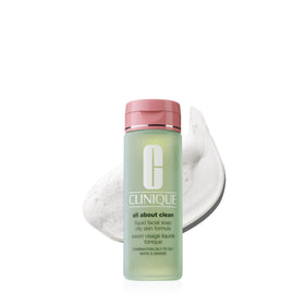 Clinique front bottle showing cleanser and easy-to-read label, clear product benefit
