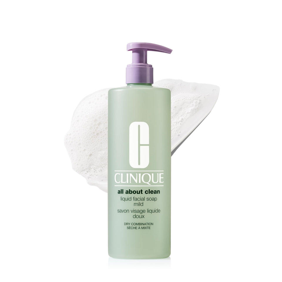 Clinique liquid facial soap mild front bottle shows clean packaging and easy dispensing benefit