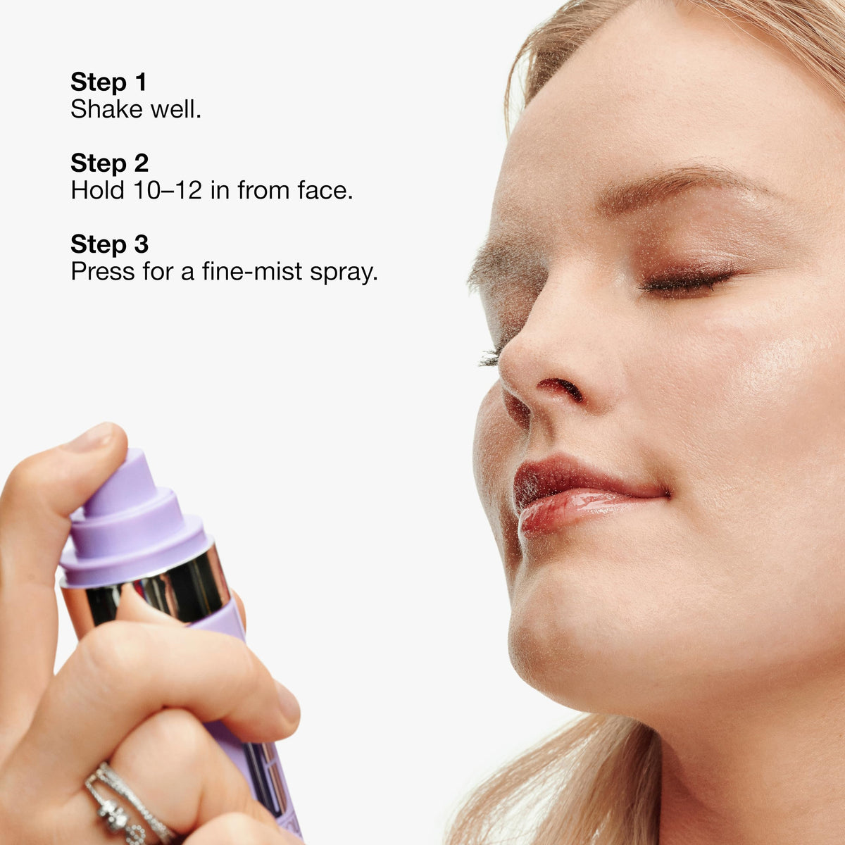 Clinique mist in use on model refreshing makeup and hydrating skin