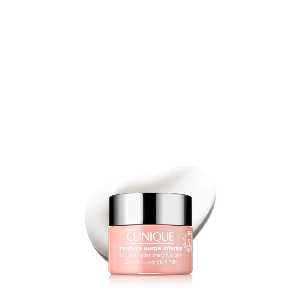 Clinique Moisture Surge front jar showing compact travel packaging and hydration benefit