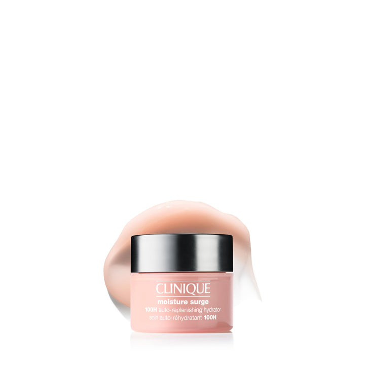 Clinique front jar showing Moisture Surge mini packaging and travel convenience