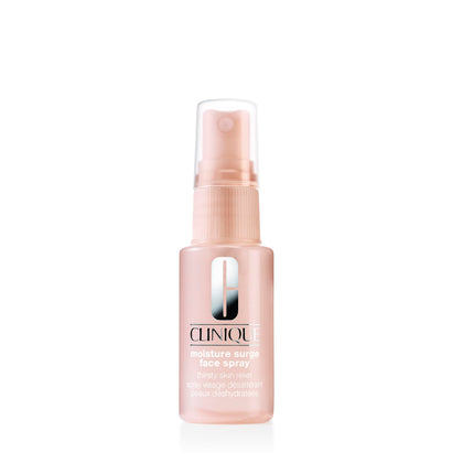 Clinique front packaging of Moisture Surge mini bottle showing brand and compact convenience