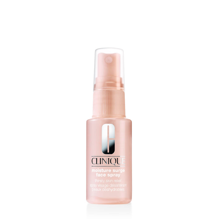 Clinique front packaging of Moisture Surge mini bottle showing brand and compact convenience