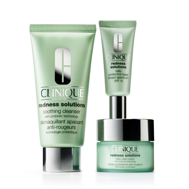Clinique front packaging of redness regimen kit showing all three products and calm branding