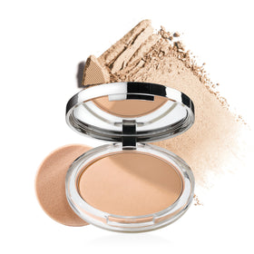 Clinique compact front view showing slim case and shade window, easy portability benefit