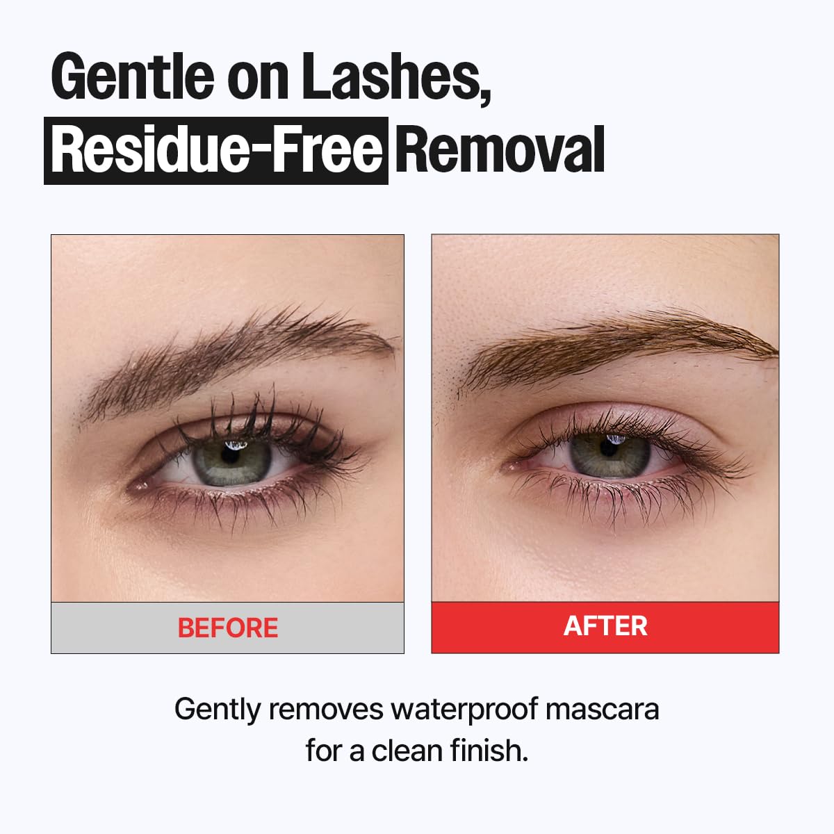 CLIO PROFESSIONAL before and after lashes showing reduced mascara residue and cleaner finish