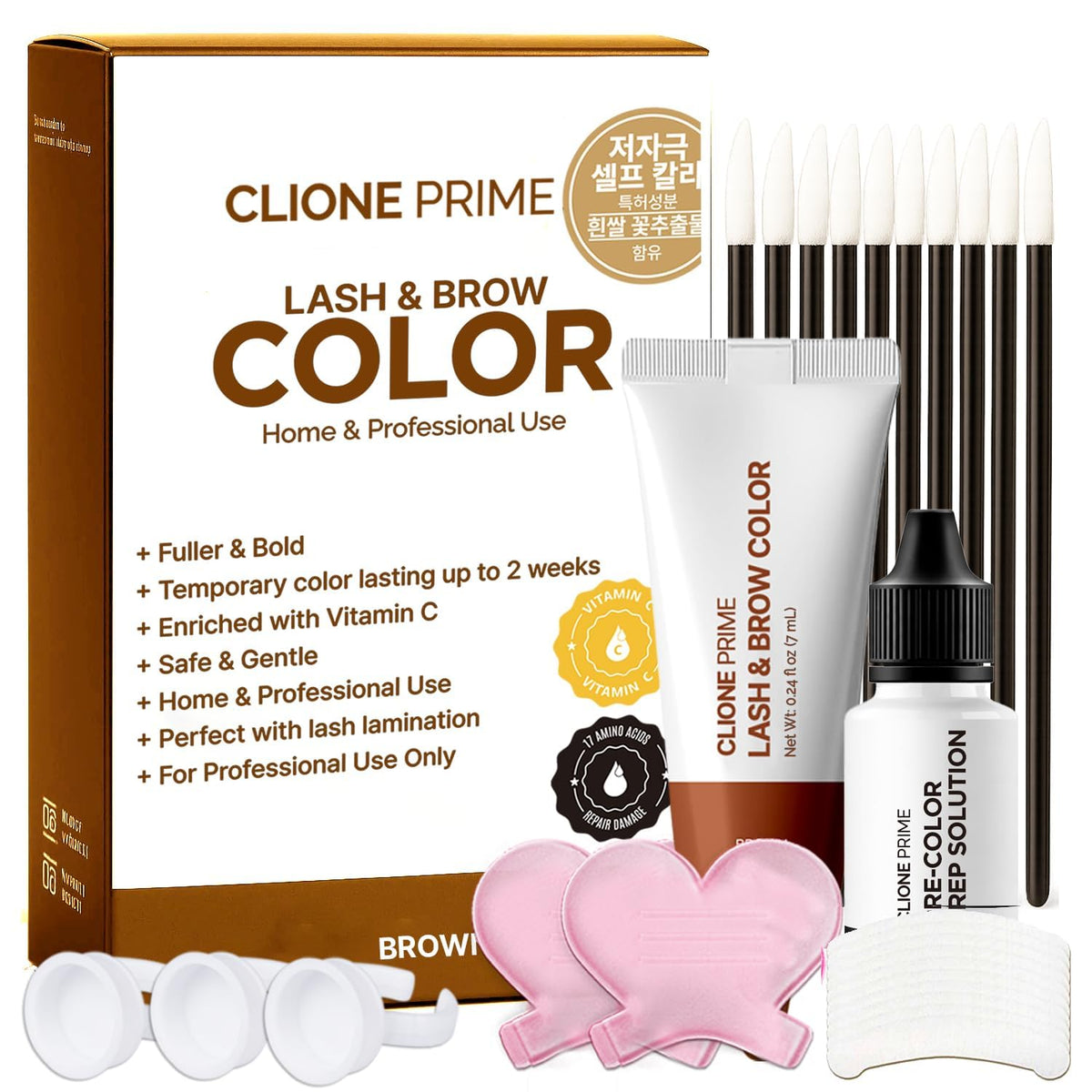 CLIONE PRIME front packaging showing kit and brown shade benefit: easy salon results