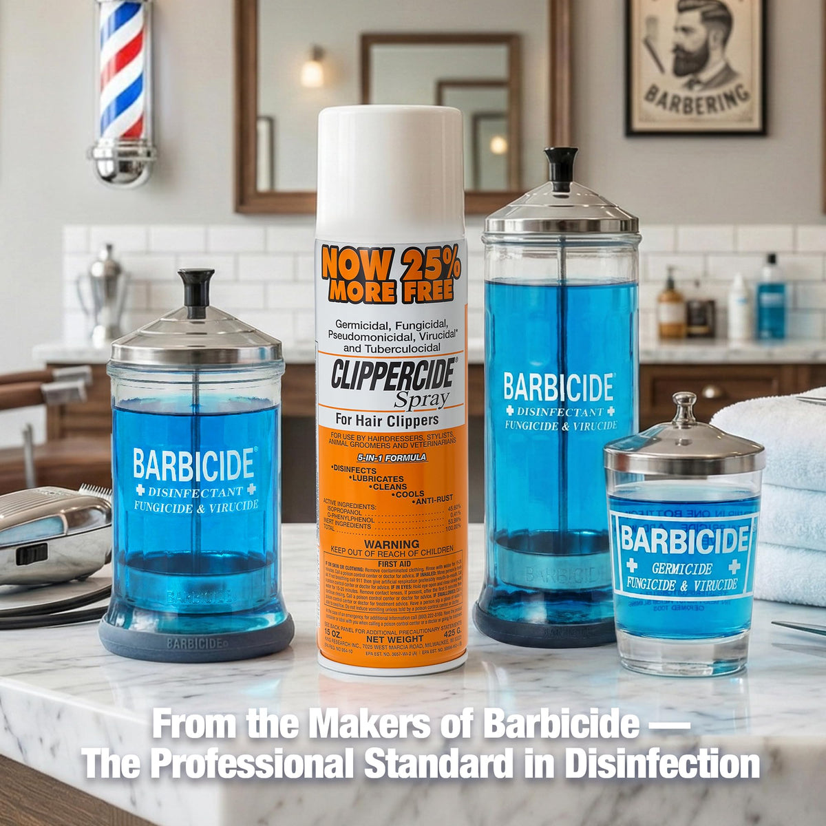 CLIPPERCIDE on a salon workstation showing brand supporting quick between-client care