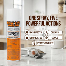 CLIPPERCIDE spraying onto blades to remove hair and cool blades benefit