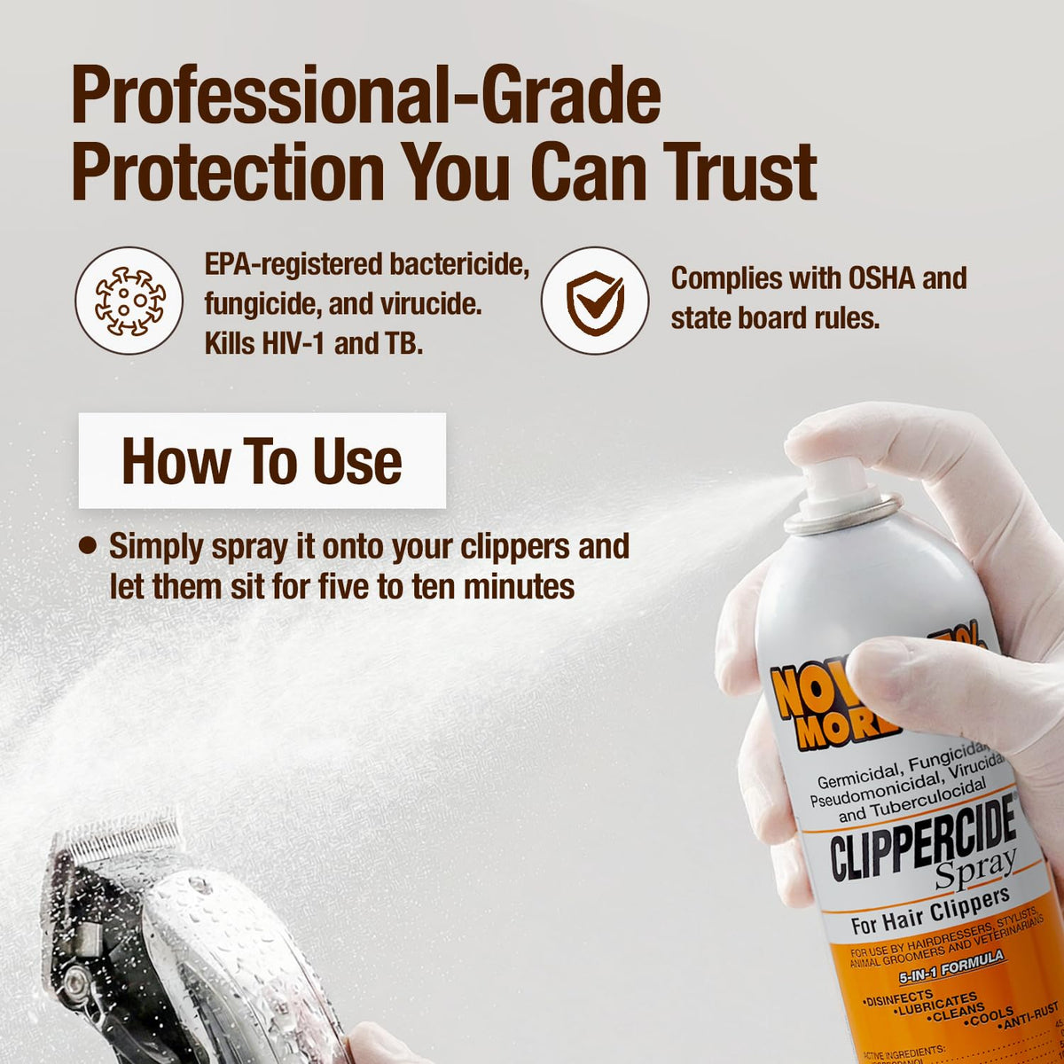 Clippercide spray action on clipper blade cooling and lubricating to reduce friction during use