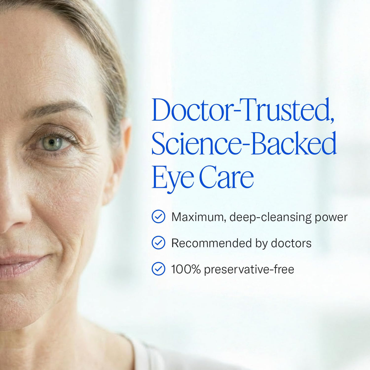 Model cleansing closed eye with Cliradex foam, demonstrating gentle use benefit