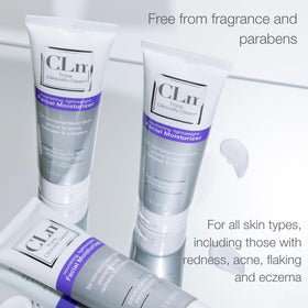 CLn applying to face with fingertip, soothes skin and reduces visible redness