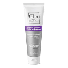 CLn on bathroom shelf with towels, gentle daily-care routine visual