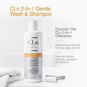 CLn body wash in shower setting conveying fragrance-free calming wash