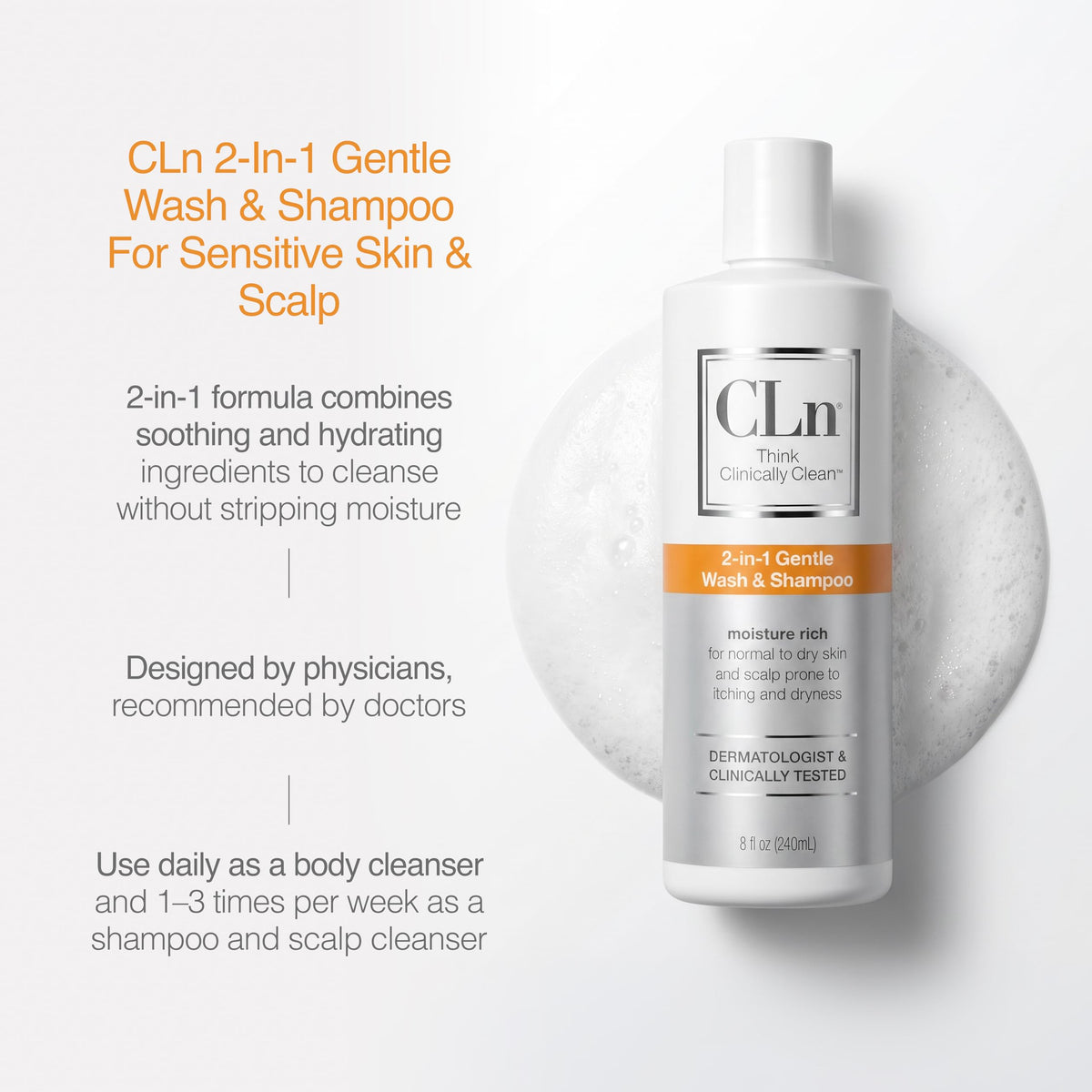 CLn used as shampoo on wet hair illustrating scalp-cleansing comfort