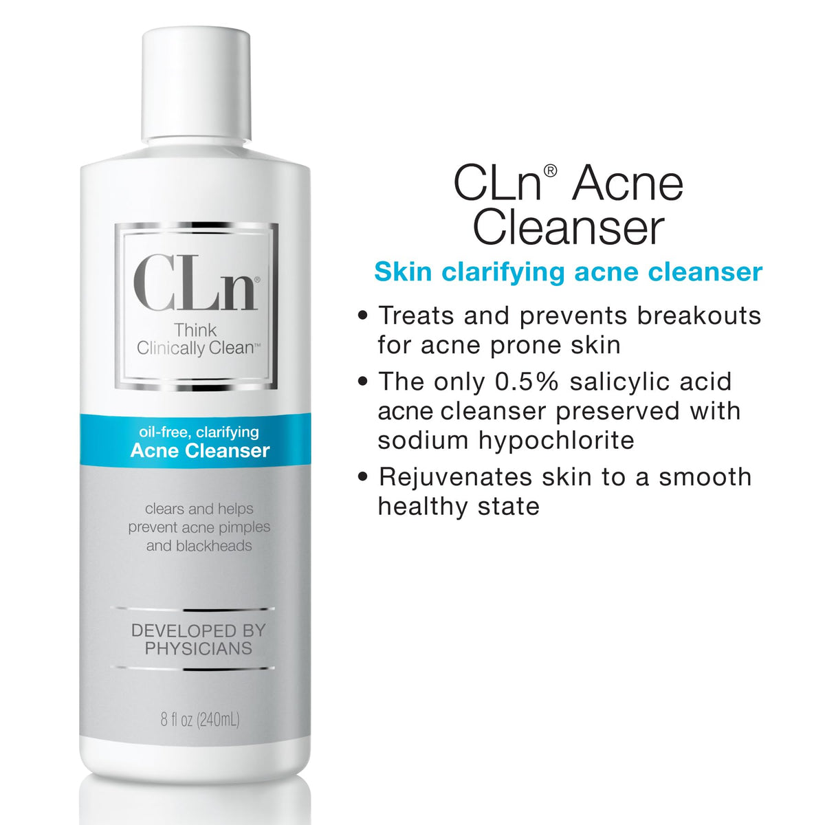 CLn bottle on bathroom shelf portraying everyday skincare routine benefit