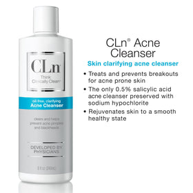 CLn bottle on bathroom shelf portraying everyday skincare routine benefit