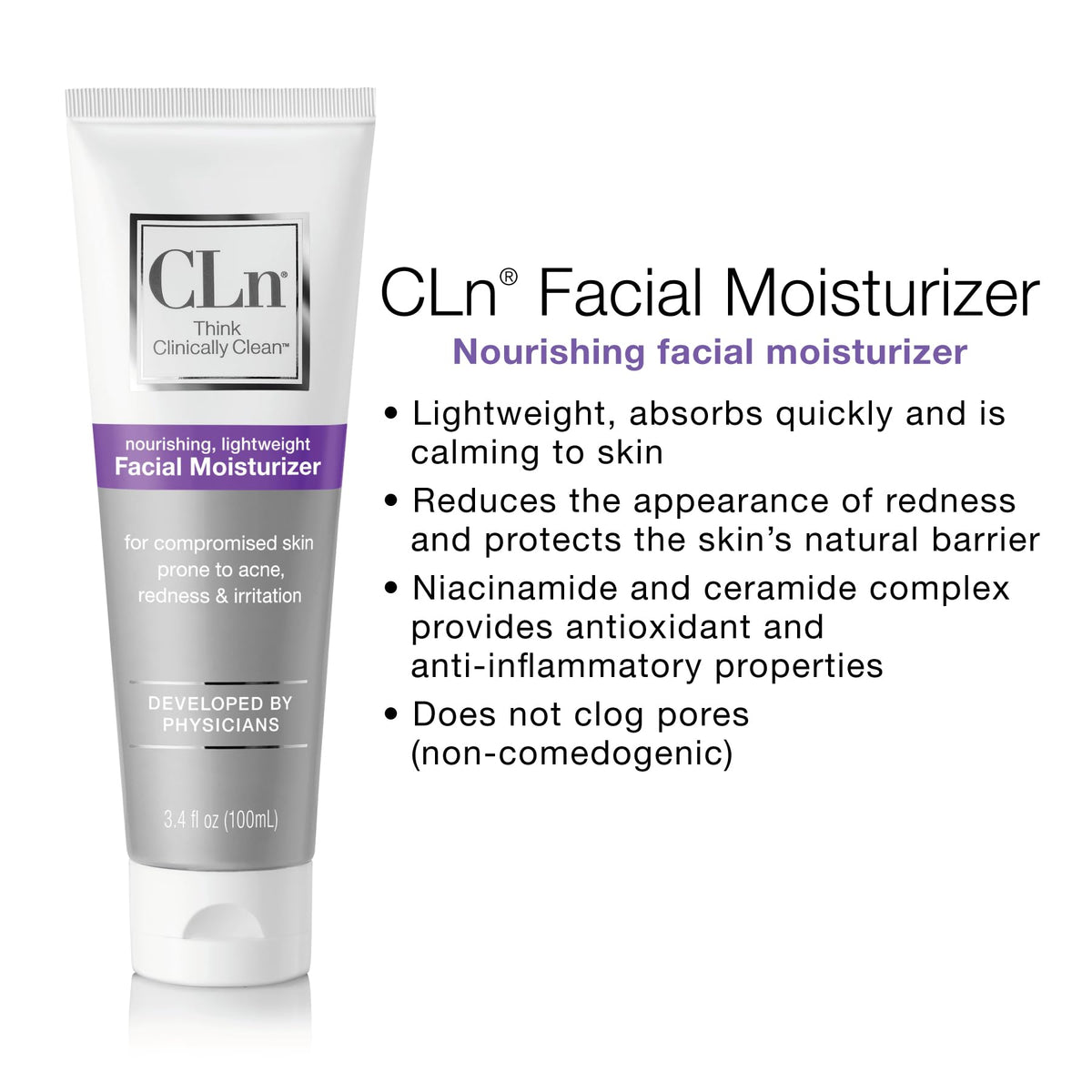 CLn moisturizer on hand demonstrating spreadability, easy absorption benefit