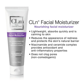 CLn moisturizer on hand demonstrating spreadability, easy absorption benefit