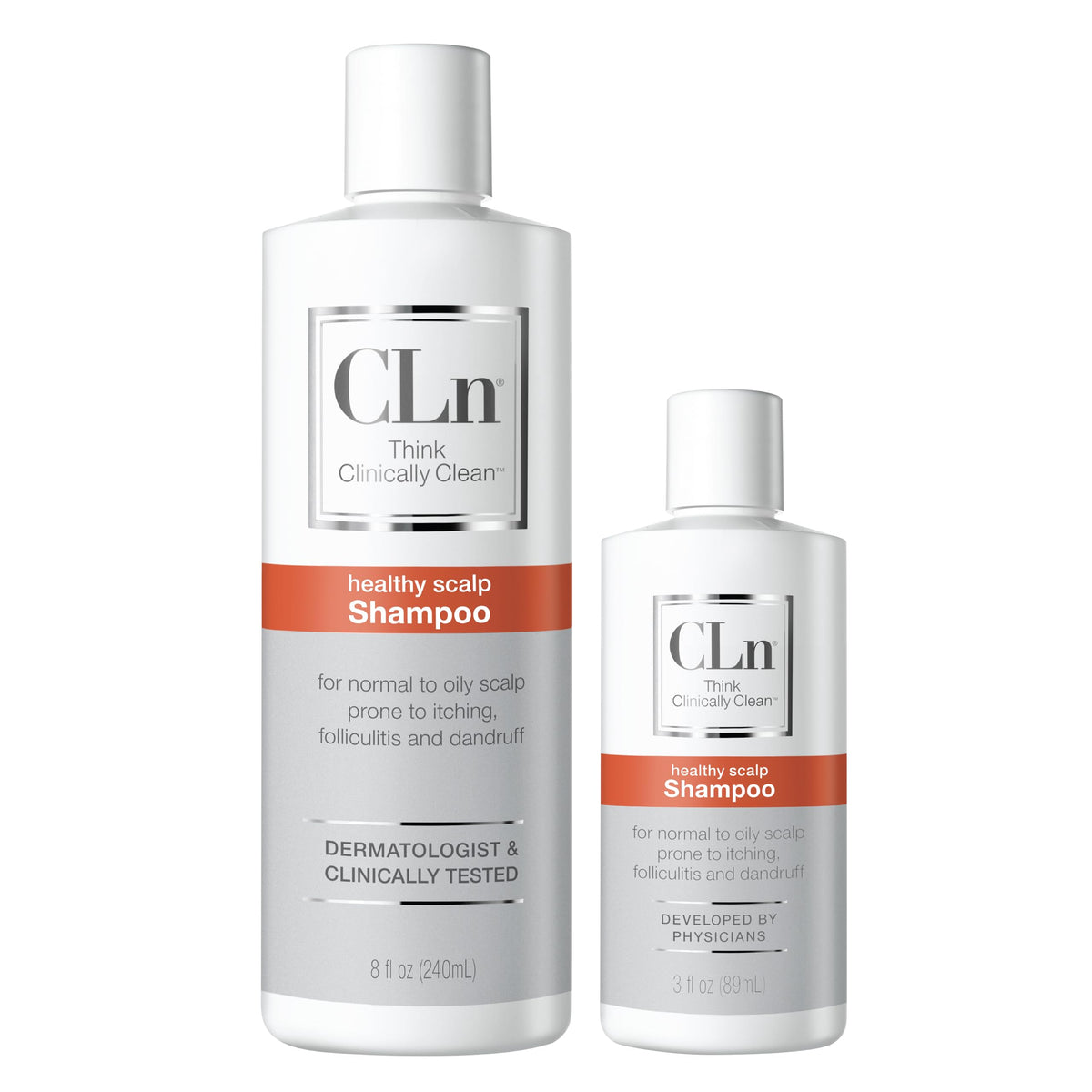 CLn shampoo on bathroom shelf lifestyle shot showing everyday routine fit