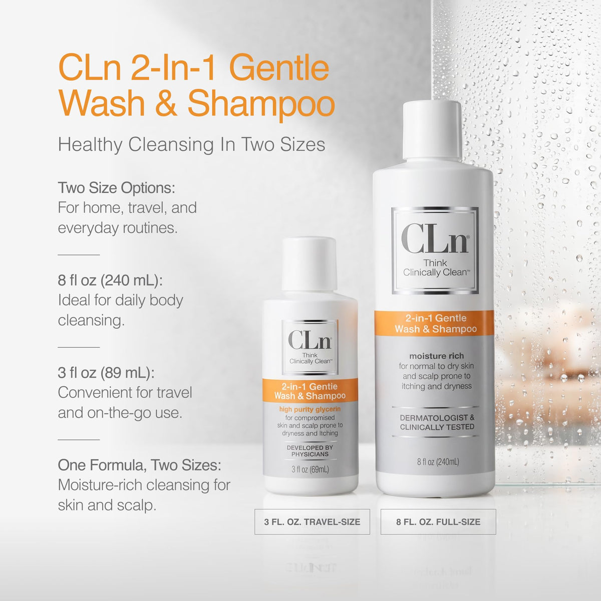 CLn bottle held in hand to show 8 fl oz size and travel-friendly convenience