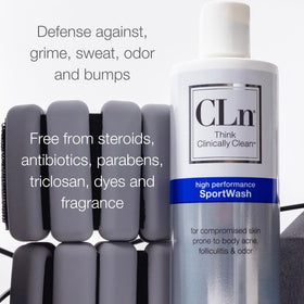 Locker room scene with CLn SportWash bottle promoting team hygiene practices