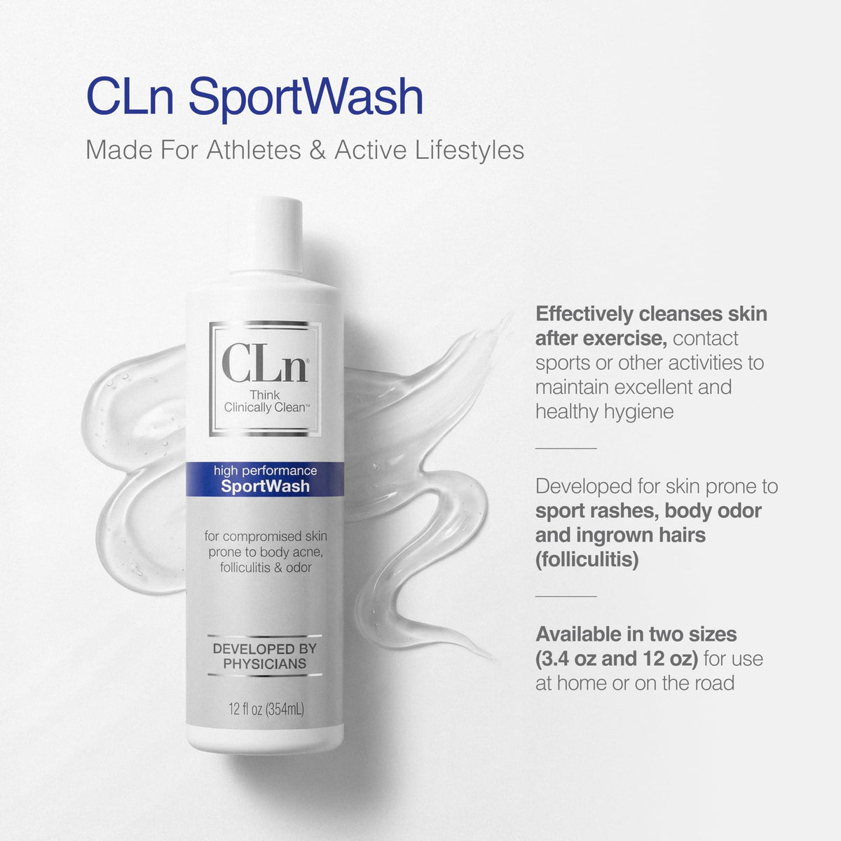 CLn SportWash 12 fl oz bottle next to common items for size comparison benefit