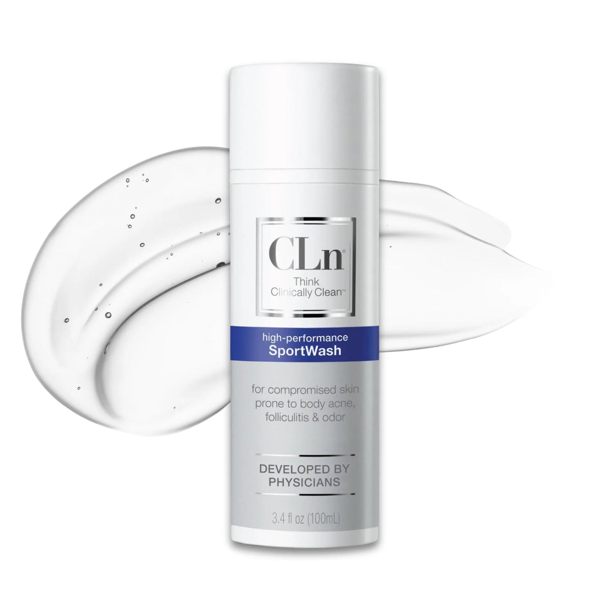 CLn front label on bottle showing compact athletic wash for travel