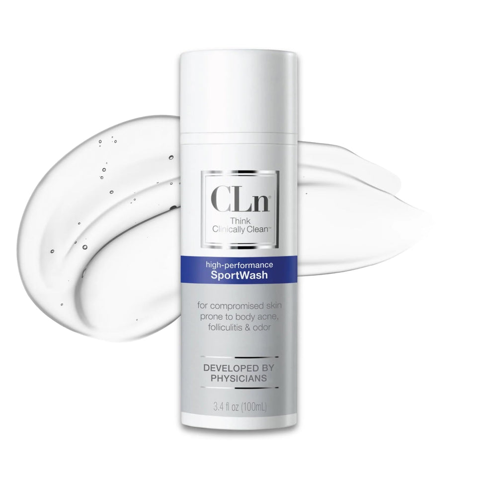 CLn front label on bottle showing compact athletic wash for travel