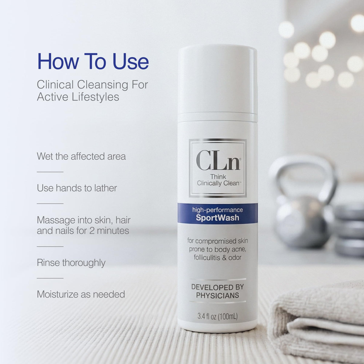 CLn in a gym bag next to towel showing post-workout convenience