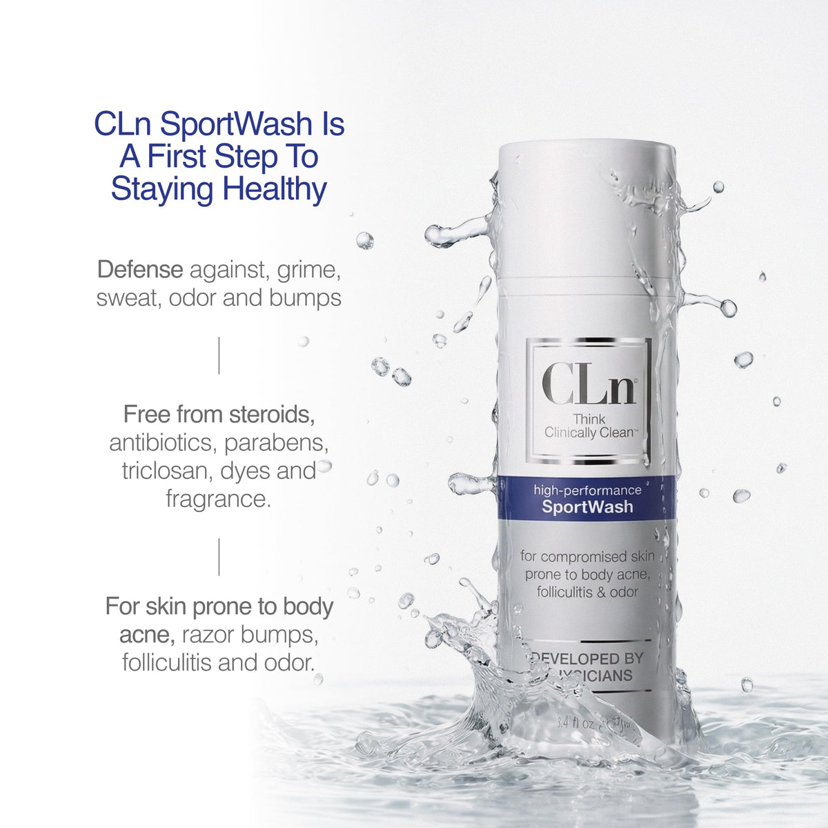 CLn next to a water bottle to show 3.4 fl oz travel-sized scale