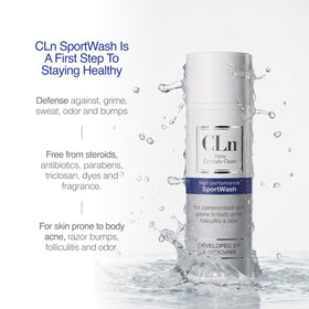CLn next to a water bottle to show 3.4 fl oz travel-sized scale